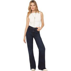 Women's Dark Wash High Rise Wide Leg Jeans Raw Hem Western Style